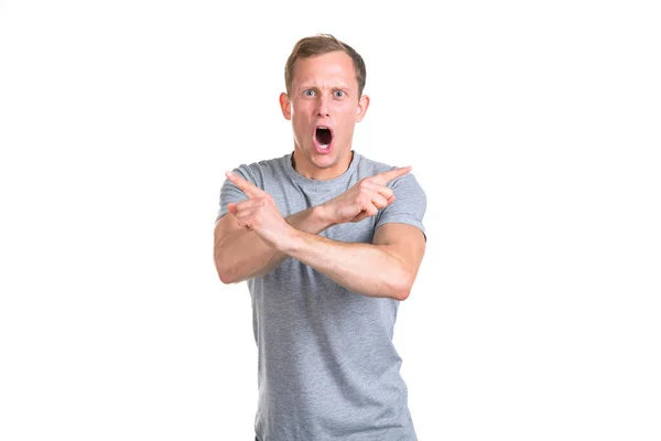 Outraged Young Man Points Two Hands Different Directions Isolated White — Stock Photo, Image