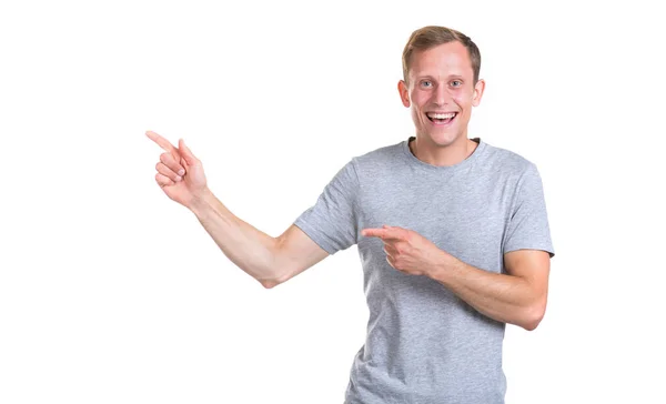 Young Man Points Left Two Hands Isolated White Background — Stock Photo, Image