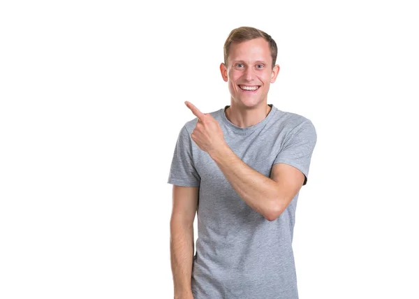 Look Left Young Man Points His Finger Left Isolated White — Stock Photo, Image