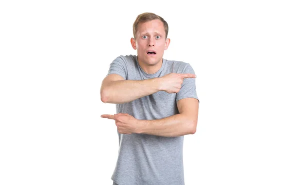 Surprised Young Man Points Two Hands Different Directions Isolated White — Stock Photo, Image