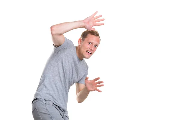 Fear Horror Emotions Young Man Hiding His Hands Isolated White — Stock Photo, Image