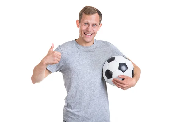 Fútbol Gran Juego Joven Hombre Feliz Con Una Pelota Fútbol — Foto de Stock