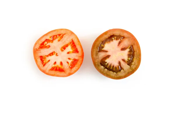 Comparación Rodaja Los Tomates Las Variedades Diferentes Dos Mitades Tomate — Foto de Stock
