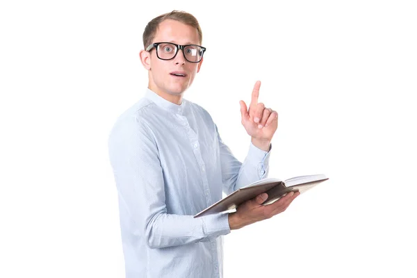 Idea Young Smart Man Glasses Book His Hands Raised His — Stock Photo, Image