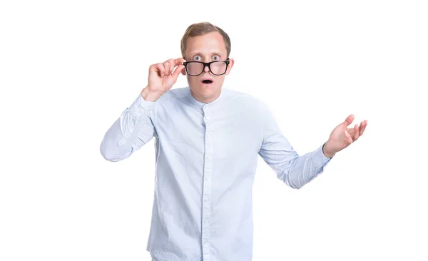 Surprising Young Man Glasses Isolated White Background — Stock Photo, Image