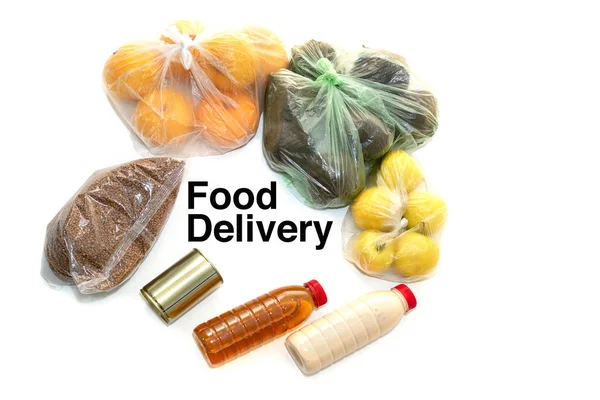 Food Delivery Bags Apples Citrus Fruits Buckwheat Vegetables Fruit Juice — Stock Photo, Image