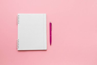 Kadın notları. Pembe arka plandaki notlar için boş not defteri ve kalem. Üst görünüm.