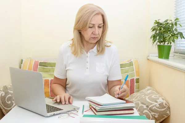 Mature Woman Working Home Office Laptop Online Education Adults — Stock Photo, Image