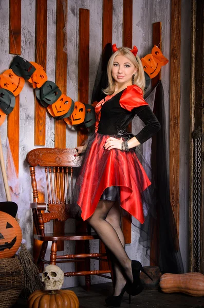 Halloween Scene Young Attractive Blonde Witch Costume Black Red Pumpkins — Stock Photo, Image