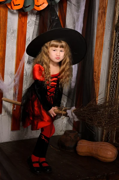 Little Cute Halloween Witch Girl Costume Hat Black Red Flying — Stock Photo, Image