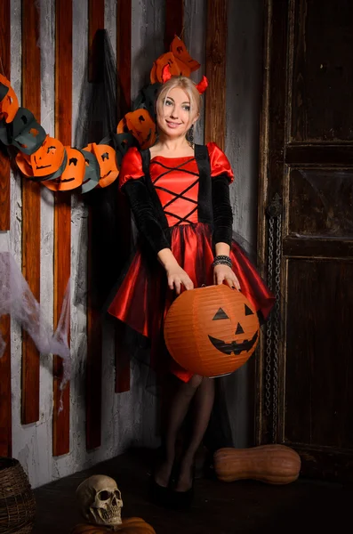 Attractive Blonde Halloween Witch Costume Red Black Horns Posing Pumpkins — Stock Photo, Image