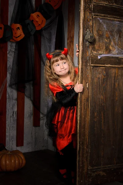 Halloween Devil Girl Costume Black Red Horns Looking Out Old — Stock Photo, Image