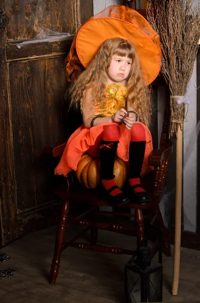 Sad Halloween Witch Girl Long Hair Costume Hat Orange Sitting — Stock Photo, Image