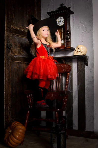 Cute Blonde Halloween Witch Girl Red Dress Tutu Covering Large — Stock Photo, Image