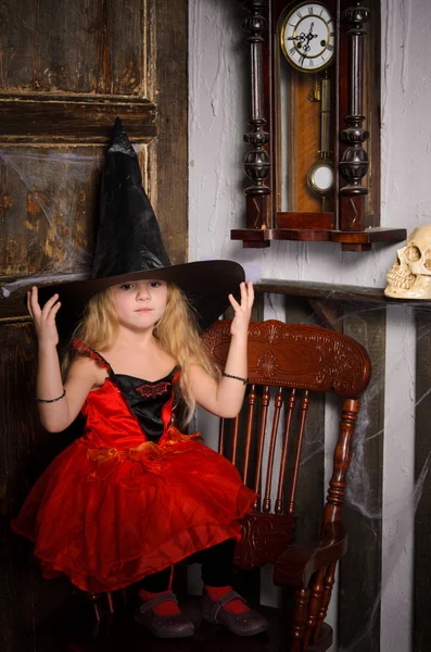 Cute Blonde Halloween Witch Girl Red Dress Tutu Covering Large — Stock Photo, Image