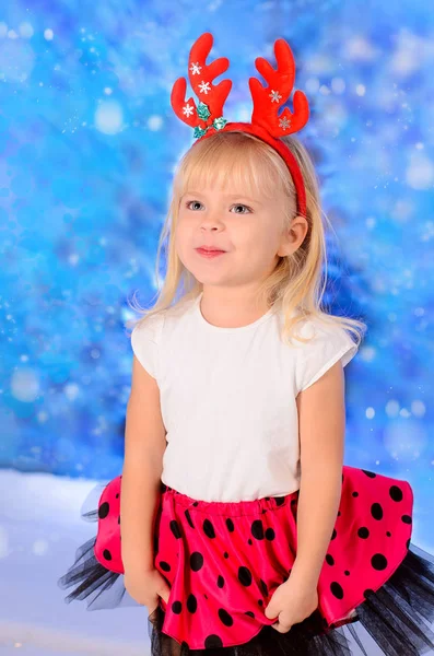 Pretty Blond Girl Christmas Reindeer Horns His Head Red Skirt — Stock Photo, Image