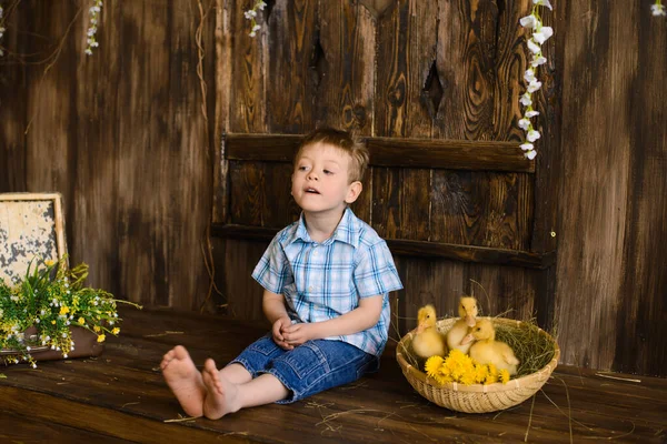 Pojke Skjorta Och Jeans Sitter Träveranda Bredvid Korg Där Gula — Stockfoto