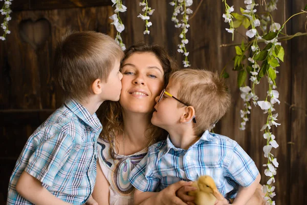 二人の息子は両方の頬にお母さんにキス 彼らの手にアヒルを保持 木の背景と開花の木に — ストック写真