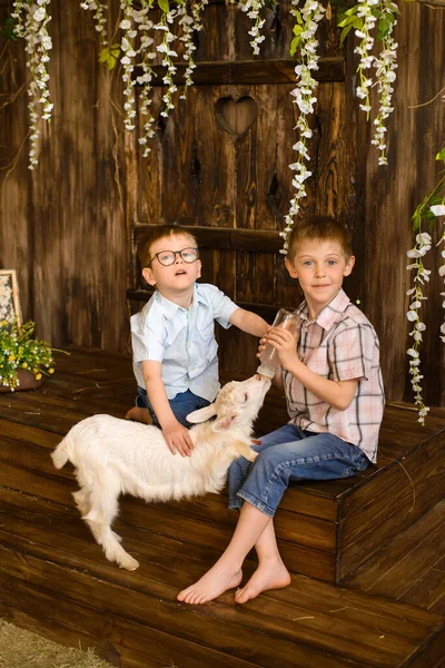 Dos Hermanos Sentados Porche Madera Alimentación Botella Con Chupete Niño — Foto de Stock