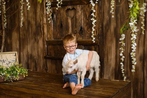 Kleine Jongen Glimlacht Houten Treden Van Veranda Naast Pasgeboren Goaling — Stockfoto