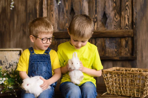 Twee Broers Zitten Houten Veranda Spelen Met Witte Konijnen — Stockfoto