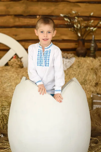 Beautiful Boy Peeks Out Huge Decorative Egg Background Pile Hay — Stock Photo, Image
