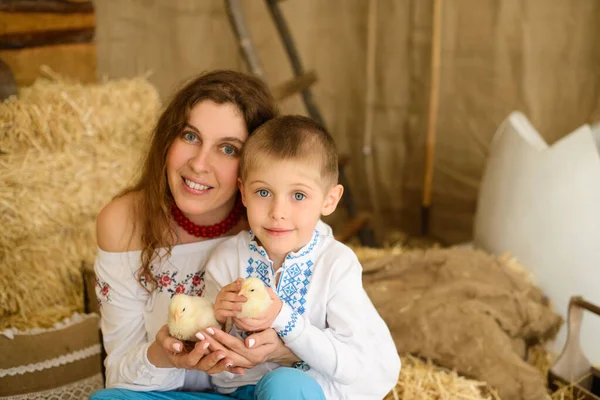 Ukrayna Işlemeli Gömlekler Giymiş Samanlıkta Oturmuş Ellerinde Canlı Tavuklarla Oynayan — Stok fotoğraf