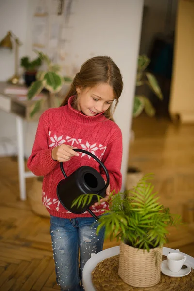 Chica Que Cuida Las Plantas Domésticas Habitación Riego Cuarentena Casa —  Fotos de Stock