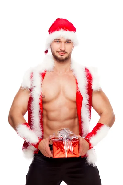 Obraz sexy człowiek ubrany w strój Świętego Mikołaja, na białym tle — Zdjęcie stockowe