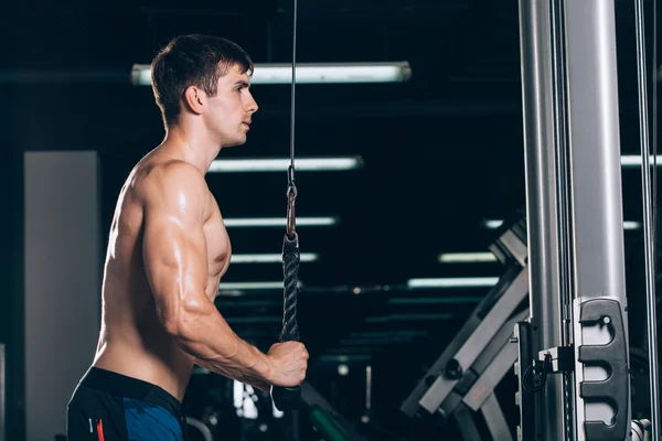 Hombre musculoso haciendo ejercicio en el gimnasio haciendo ejercicios en tríceps, fuertes abdominales masculinos desnudos del torso —  Fotos de Stock