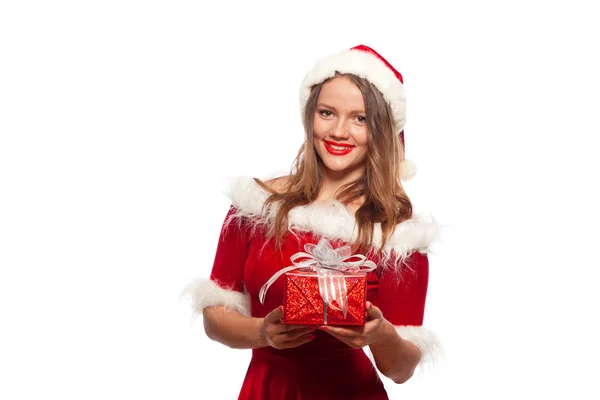 크리스마스, 엑스-마스, 겨울, 행복 개념-선물 상자, 흰색 배경에 고립 산타의 도우미 모자에 있는 여자를 웃 고. — 스톡 사진