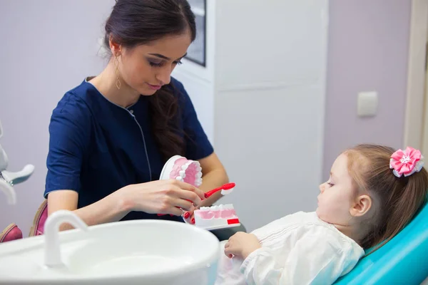 Pediatrické zubař vzdělávání usměvavá holčička o správné zubů, demonstrovat na modelu. Včasné prevence, zvyšování povědomí, ústní hygienu demonstrace koncepce. — Stock fotografie
