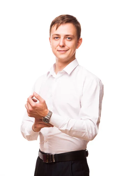 Νεαρό όμορφος επιχειρηματία σε λευκό πουκάμισο στέκεται ίσια και κοιτάζοντας την κάμερα, πορτρέτο που απομονώνονται σε λευκό φόντο — Φωτογραφία Αρχείου