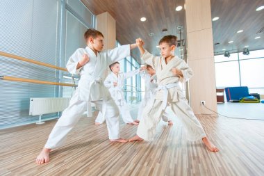 genç, güzel, başarılı çok etik çocuklar karate pozisyonda