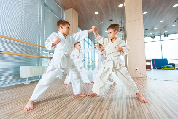 Jóvenes, hermosos, exitosos niños multi éticos en posición de karate — Foto de Stock