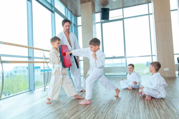 Unga, vackra, framgångsrika multi etiska barn i karate position — Stockfoto