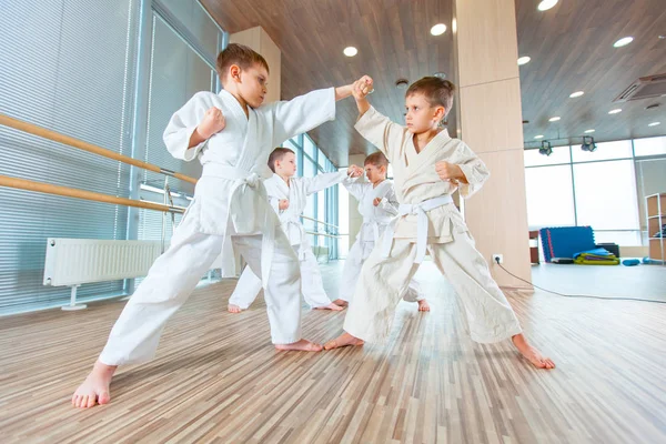 Jóvenes, hermosos, exitosos niños multi éticos en posición de karate — Foto de Stock