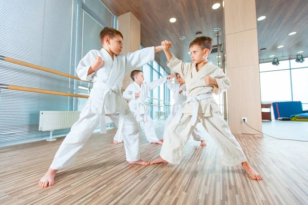 Fiatal, gyönyörű, sikeres multi etikai gyerekek karate helyzetben — Stock Fotó