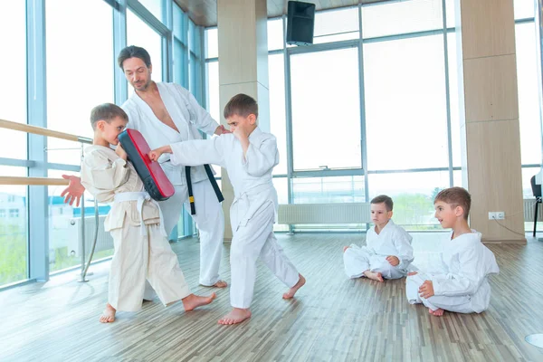 Jonge, mooie en succesvolle multi ethische kinderen in karate positie — Stockfoto