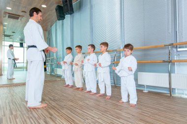 genç, güzel, başarılı çok etik çocuklar karate pozisyonda
