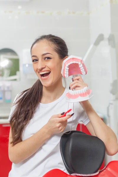 People, medicine, stomatology and healthcare concept - happy young female dentist holding a model of teeth and smiling over medical office background — Stock Photo, Image