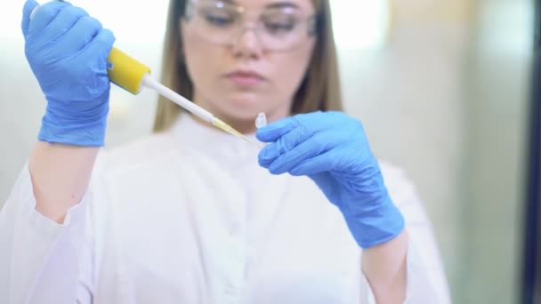 Technik používající laboratorní pipetu a nakládající vzorky do odstředivky v lékařské nebo vědecké laboratoři — Stock video