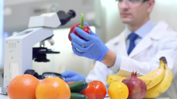 Laboratoriummedewerkers die groenten en fruit onderzoeken en een analyse maken op pesticiden en nitraten. — Stockvideo
