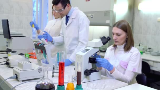 Um grupo de cientistas realiza pesquisas em um laboratório científico usando tecnologia avançada — Vídeo de Stock