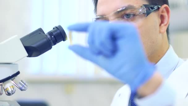 Wetenschapper bestudeert eigenschappen en voordelen van omega 3 vetzuren met behulp van microscoop en laboratoriumapparatuur in een medisch laboratorium — Stockvideo
