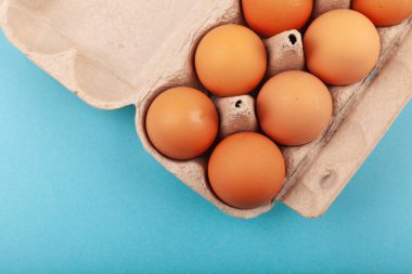 Yumurtalı tavuk yumurtası. Mavi arka planda kahverengi yumurtaları olan açık gri bir kutunun üst görüntüsü. Sağlıklı yaşam tarzı kavramı, saf protein almak. Düzgün bir kahvaltı. Dissati yumurtaları.
