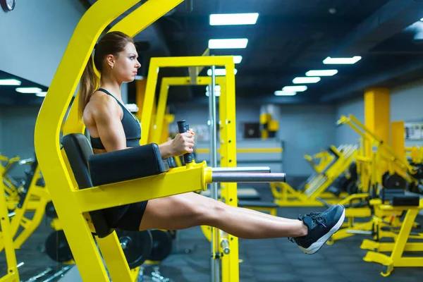 Una mujer atlética fuerte haciendo ejercicios para los músculos abdominales en los bares paralelos en un gimnasio. Vista lateral. ABS . — Foto de Stock