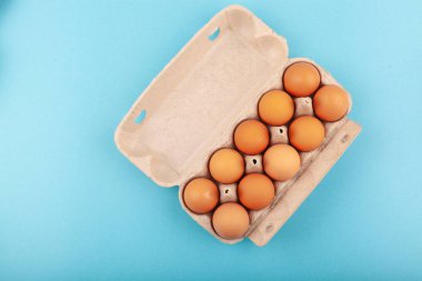 Yumurtalı tavuk yumurtası. Mavi arka planda kahverengi yumurtaları olan açık gri bir kutunun üst görüntüsü. Sağlıklı yaşam tarzı kavramı, saf protein almak. Düzgün bir kahvaltı. Dissati yumurtaları.