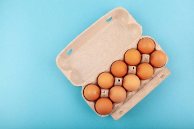 Yumurtalı tavuk yumurtası. Mavi arka planda kahverengi yumurtaları olan açık gri bir kutunun üst görüntüsü. Sağlıklı yaşam tarzı kavramı, saf protein almak. Düzgün bir kahvaltı. Dissati yumurtaları.