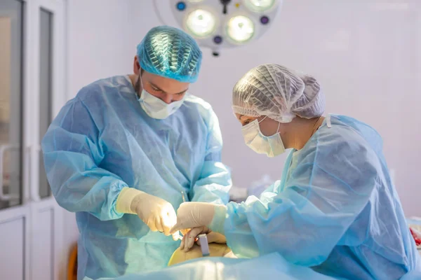 No hospital. O cirurgião opera na sala de operações. Salvando vidas de vítimas em um acidente de carro . — Fotografia de Stock